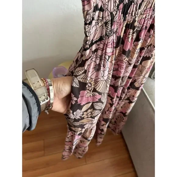 Natural Life Bella Floral Maxi Dress Tiered Pink Floral Prairie Boho Cottage S - Picture 10 of 12